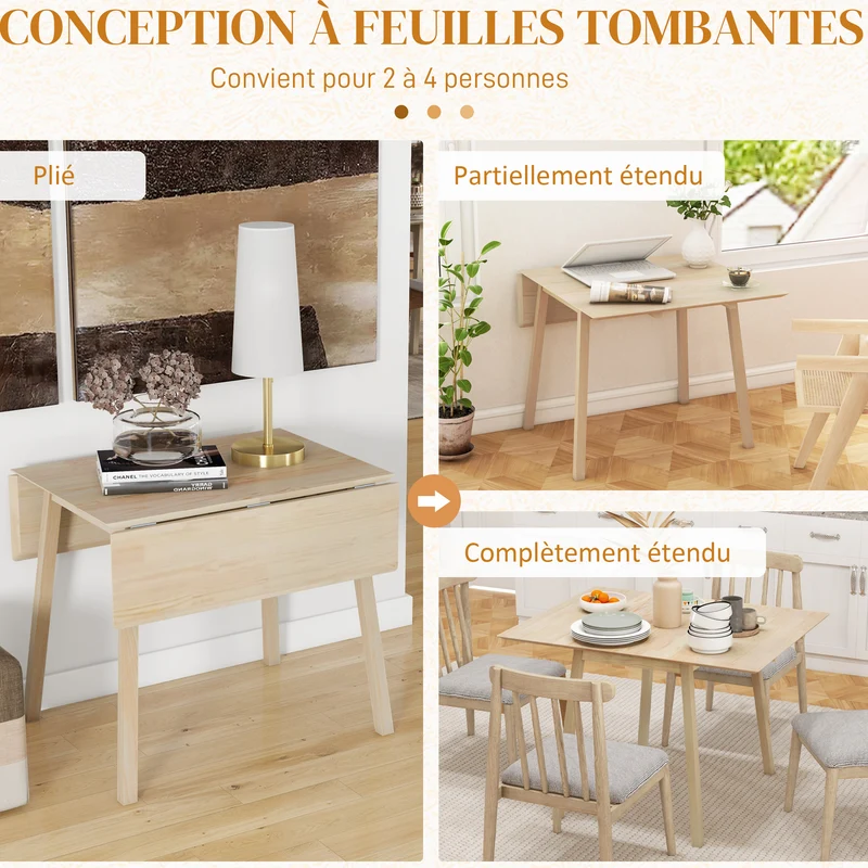 Table à manger pliante 110 x 86 x 75 cm pour 2 à 4 personnes gain de place scandinave épuré en bois de pin bois naturel 21_0003230