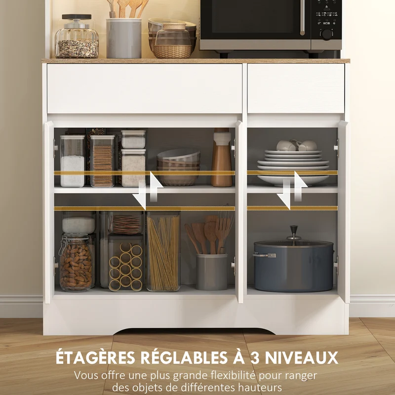 Buffet de cuisine haut avec bande led rvb plan de travail 100 x 38 x 180 cm gain de place pratique moderne en MDF blanc 21_0003296