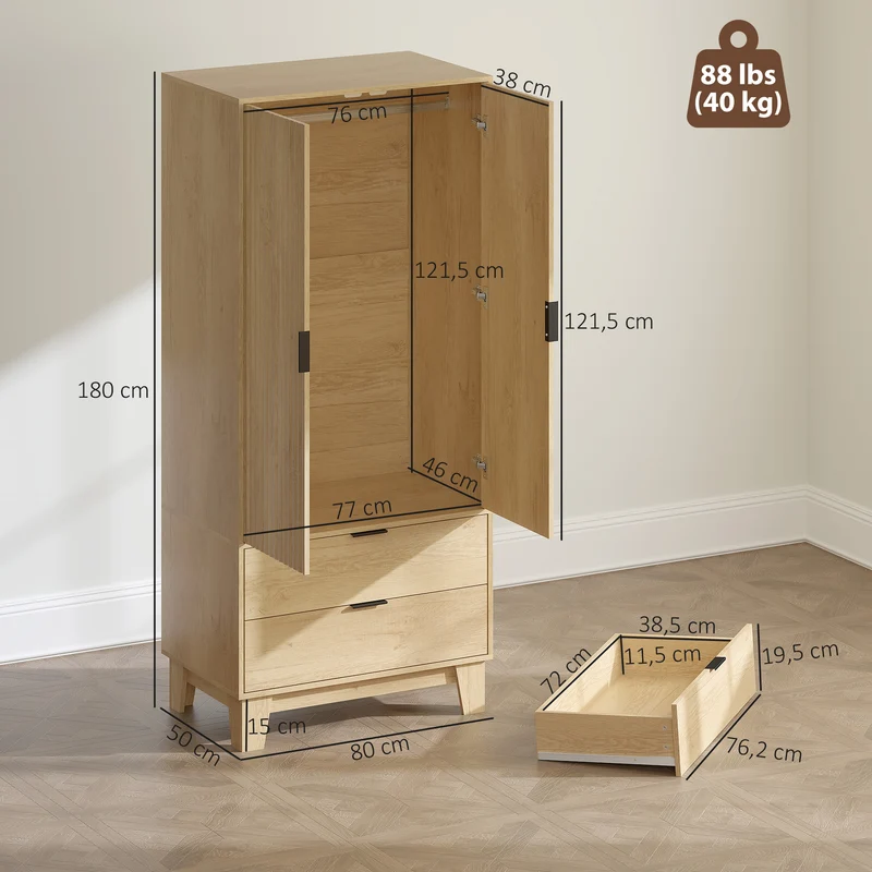 Armoire penderie chambre 80 x 50 x 180 cm fermeture douce grand rangement moderne en panneau de particules bois naturel 21_0003753