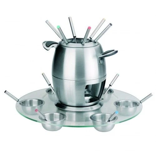 Service à fondue inox complet avec socle en verre