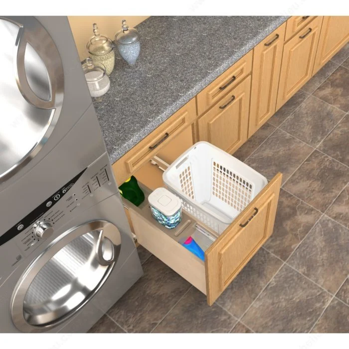 Panier à linge à base en bois avec espace de rangement et fermeture en douceur
