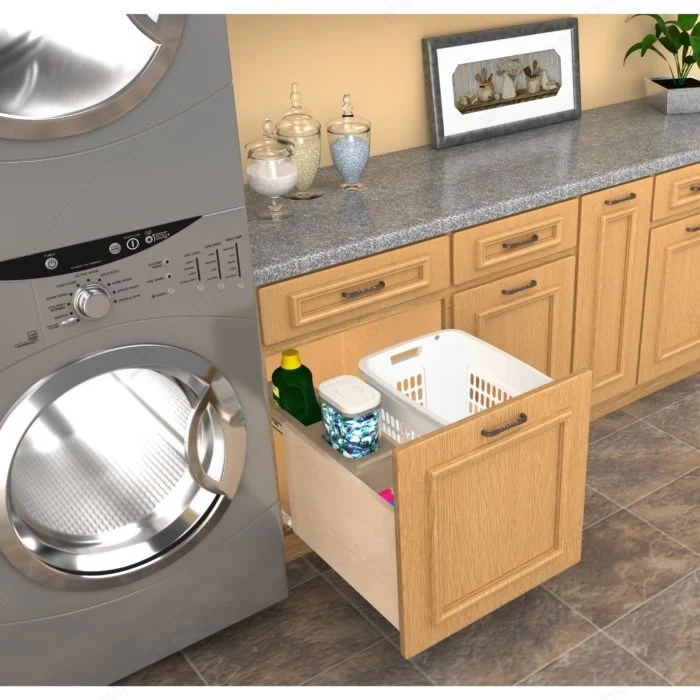 Panier à linge à base en bois avec espace de rangement et fermeture en douceur