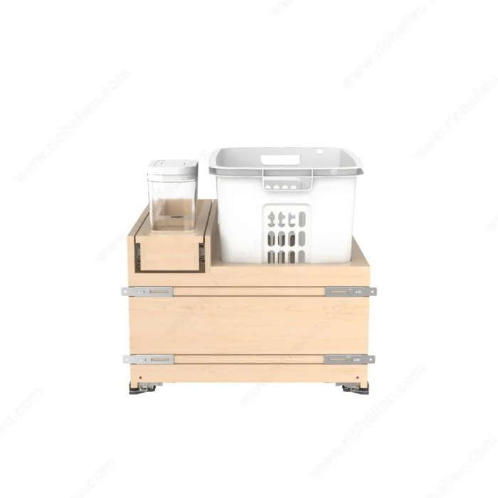 Panier à linge à base en bois avec espace de rangement et fermeture en douceur