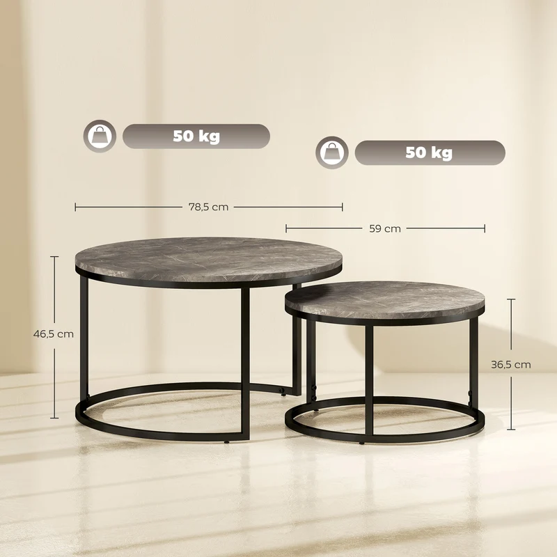 Lot de 2 tables basses gigognes encastrables salon 78,5 x 78,5 x 46,5 cm gain de place design industriel en MDF gris 21_0001811