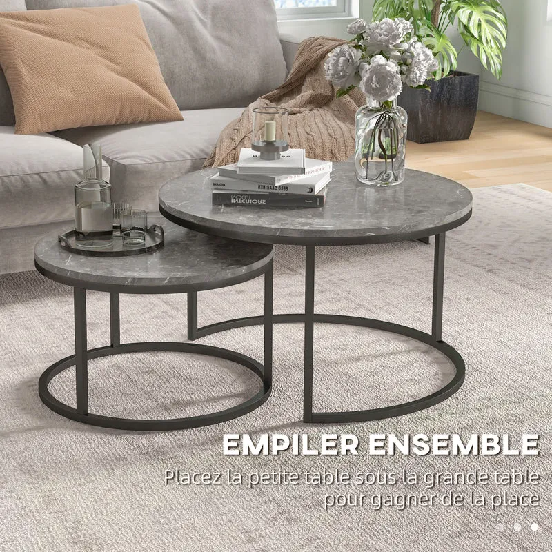 Lot de 2 tables basses gigognes encastrables salon 78,5 x 78,5 x 46,5 cm gain de place design industriel en MDF gris 21_0001811