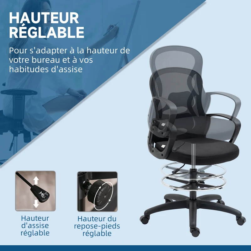 Lot de 2 fauteuils de bureau assise haute réglable 59 x 65 x 103-123 cm pivotant 360° cosy contemporain en maille noir 21_0006345