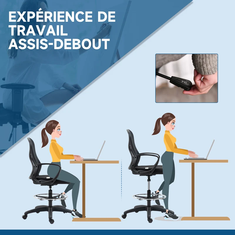 Lot de 2 fauteuils de bureau assise haute réglable 59 x 65 x 103-123 cm pivotant 360° cosy contemporain en maille noir 21_0006345