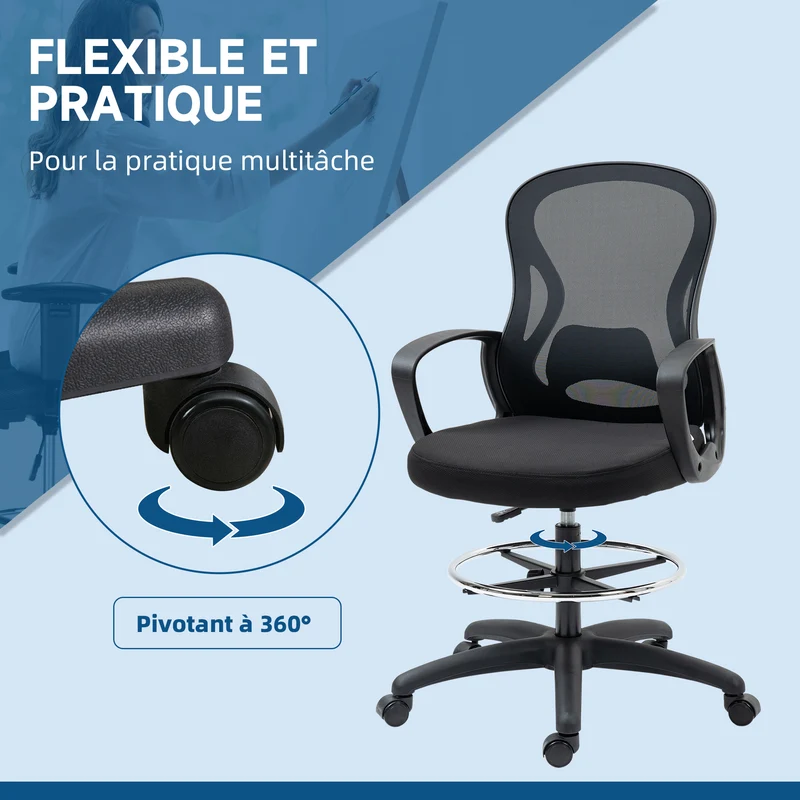 Lot de 2 fauteuils de bureau assise haute réglable 59 x 65 x 103-123 cm pivotant 360° cosy contemporain en maille noir 21_0006345