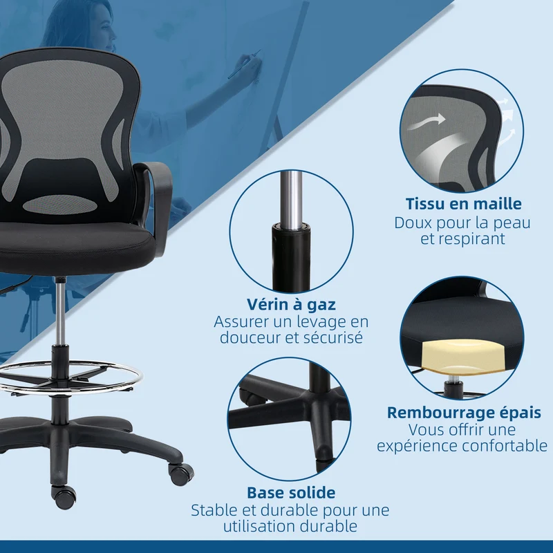 Lot de 2 fauteuils de bureau assise haute réglable 59 x 65 x 103-123 cm pivotant 360° cosy contemporain en maille noir 21_0006345