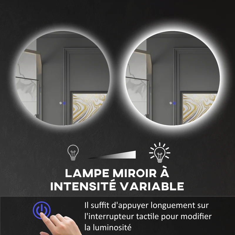 Miroir rond mural salle de bain 60 x 60 x 3,5 cm antibuée intégrée éclairage led réglable moderne épuré en verre argent 21_0001974