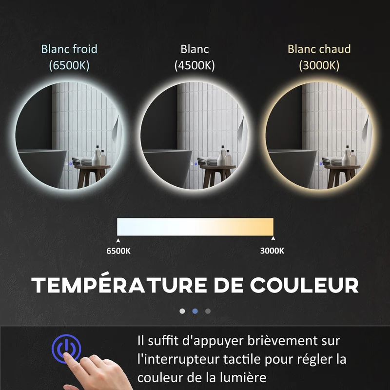 Miroir rond mural salle de bain 60 x 60 x 3,5 cm antibuée intégrée éclairage led réglable moderne épuré en verre argent 21_0001974