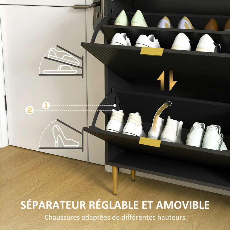 Meuble à chaussures entrée 105 x 24 x 91.5 cm rangement 20 paires étagères réglables cannelées moderne épuré en MDF noir 21_0002765