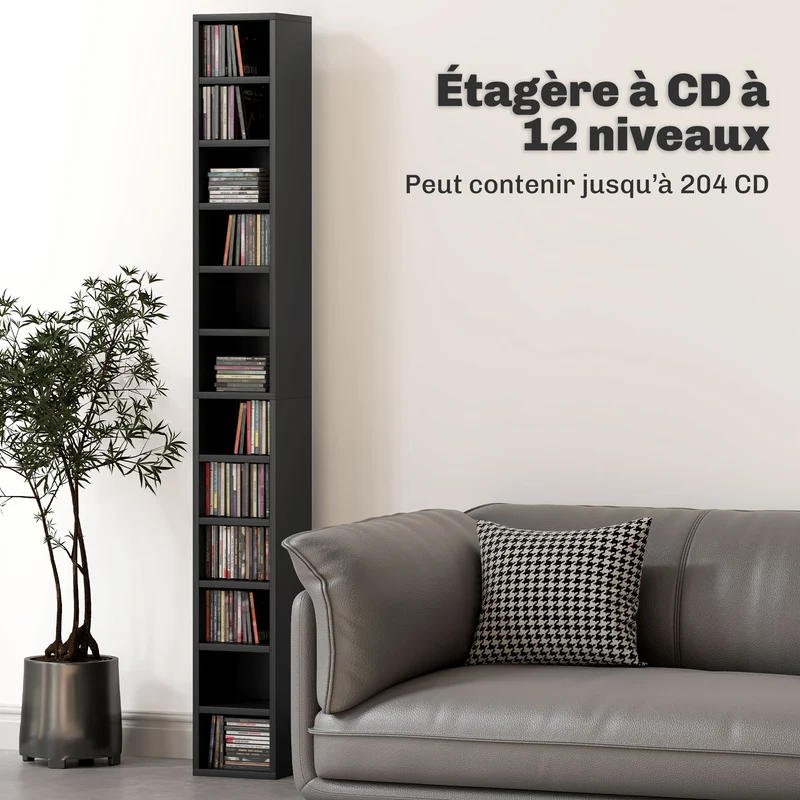 Meuble de rangement colonne cd dvd 21 x 20 x 175 cm capacité 204 cd gain de place anti basculement épuré en MDF noir 21_0001695