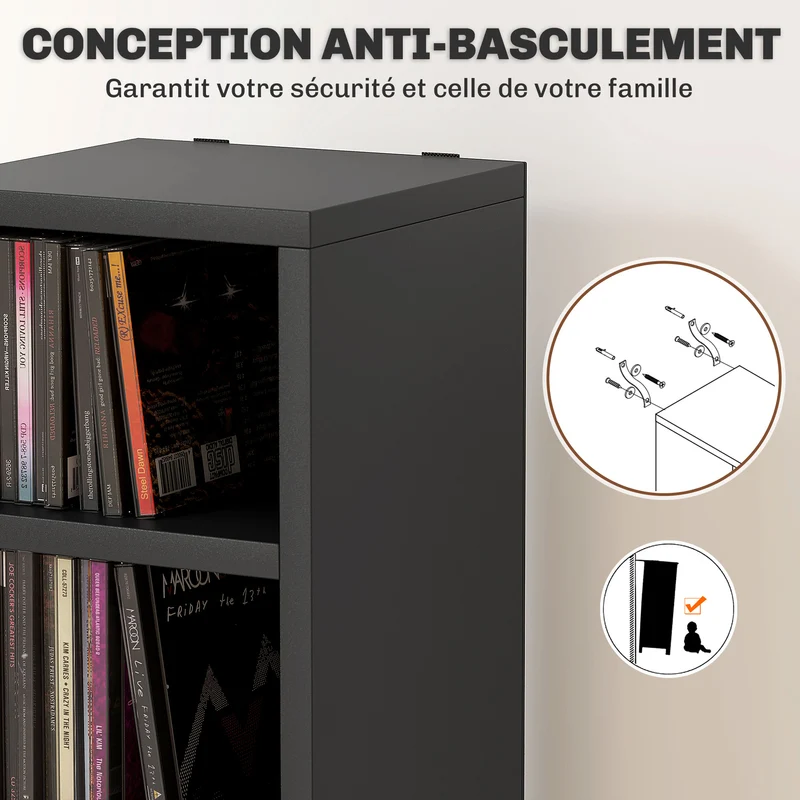 Meuble de rangement colonne cd dvd 21 x 20 x 175 cm capacité 204 cd gain de place anti basculement épuré en MDF noir 21_0001695