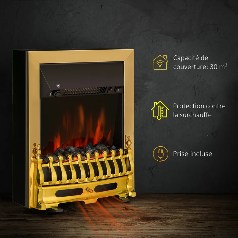 Cheminée électrique salon néo rétro 48,2 x 18,5 x 59,2 cm flammes réalistes thermostat 1000-2000W épuré en métal noir 21_0001093