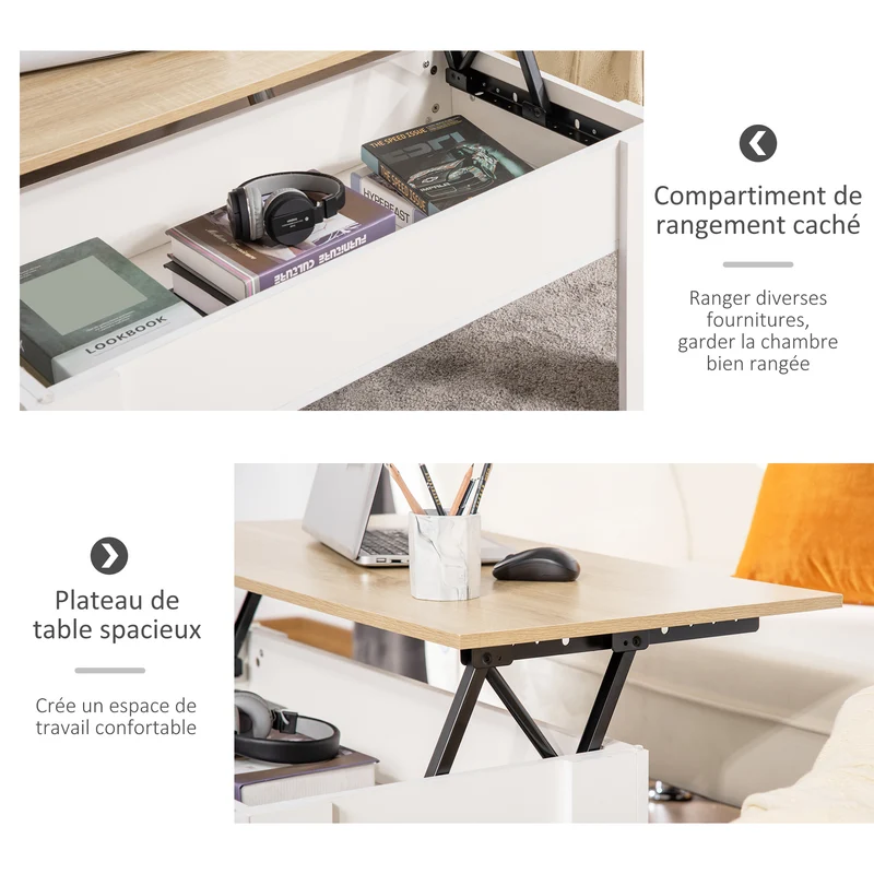 Table basse relevable salon 100 x 50 x 45 cm rangement caché transformable moderne épuré en panneau de particules blanc 21_0003032