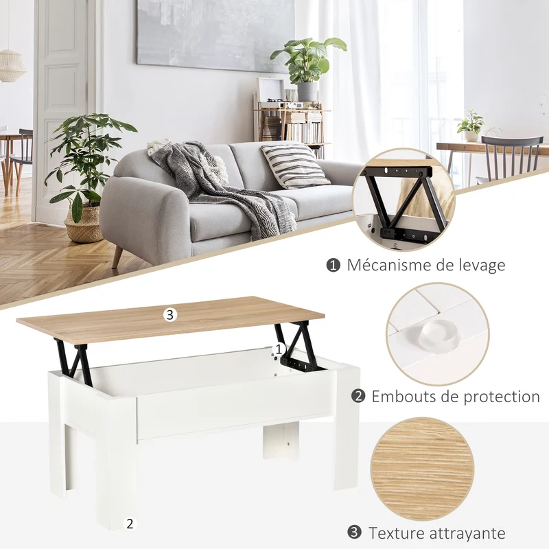 Table basse relevable salon 100 x 50 x 45 cm rangement caché transformable moderne épuré en panneau de particules blanc 21_0003032