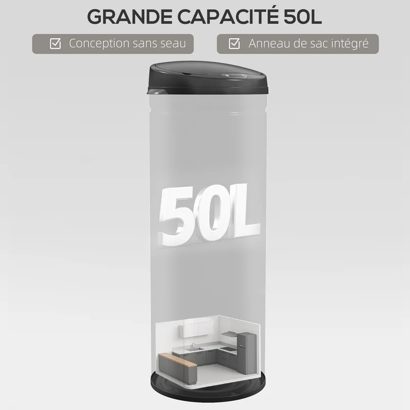 Poubelle de cuisine à capteur 30,5 x 30,5 x 85 cm ouverture sans contact fermeture douce épuré en acier inoxydable noir 21_0005926
