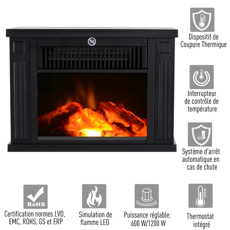 Cheminée électrique poêle 34 x 17 x 25 cm effet flammes chauffage réglable 600 1200w contemporain en plastique noir 21_0001094