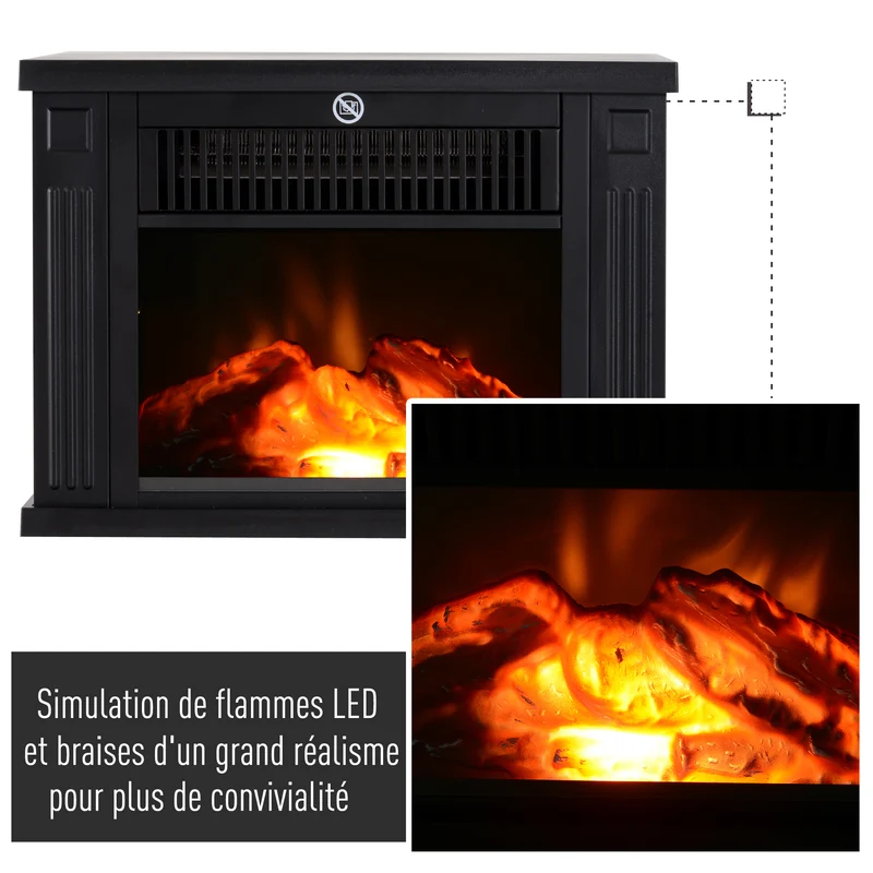 Cheminée électrique poêle 34 x 17 x 25 cm effet flammes chauffage réglable 600 1200w contemporain en plastique noir 21_0001094
