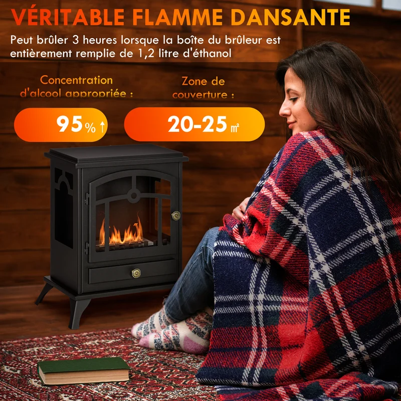 Cheminée bioéthanol sur pied 45 x 28 x 54 cm chauffe 20-25 m² sans fumée ambiance cosy rustique design en acier noir 21_0001133