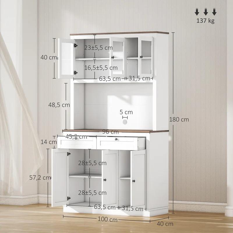 Armoire de cuisine rangement 100 x 40 x 180 cm 2 tiroirs étagères réglables moderne épuré salon entrée en MDF blanc 21_0003218