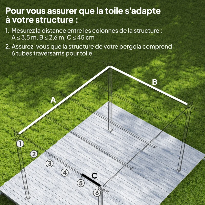 Toile de toit pergola 350 x 260 cm évacuation eau poches 6 barres respirante anti-uv moderne en polyester gris foncé 21_0004808