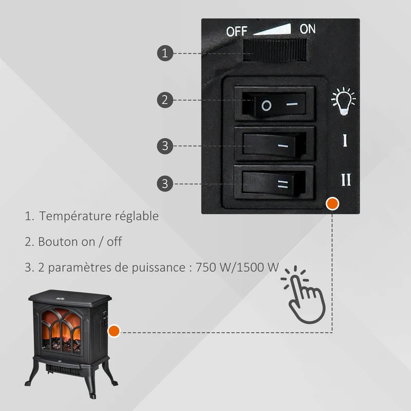 Cheminée électrique sur pied salon 37.3 x 23.1 x 44 cm flammes led chauffage réglable 750 ou 1500 w design en métal noir 21_0001121
