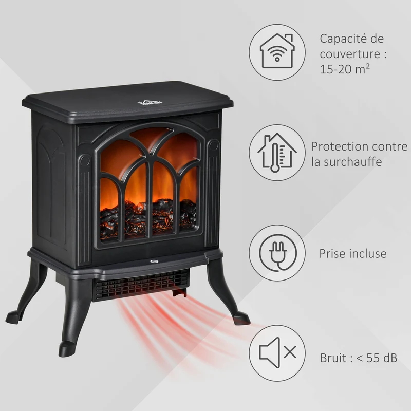Cheminée électrique sur pied salon 37.3 x 23.1 x 44 cm flammes led chauffage réglable 750 ou 1500 w design en métal noir 21_0001121