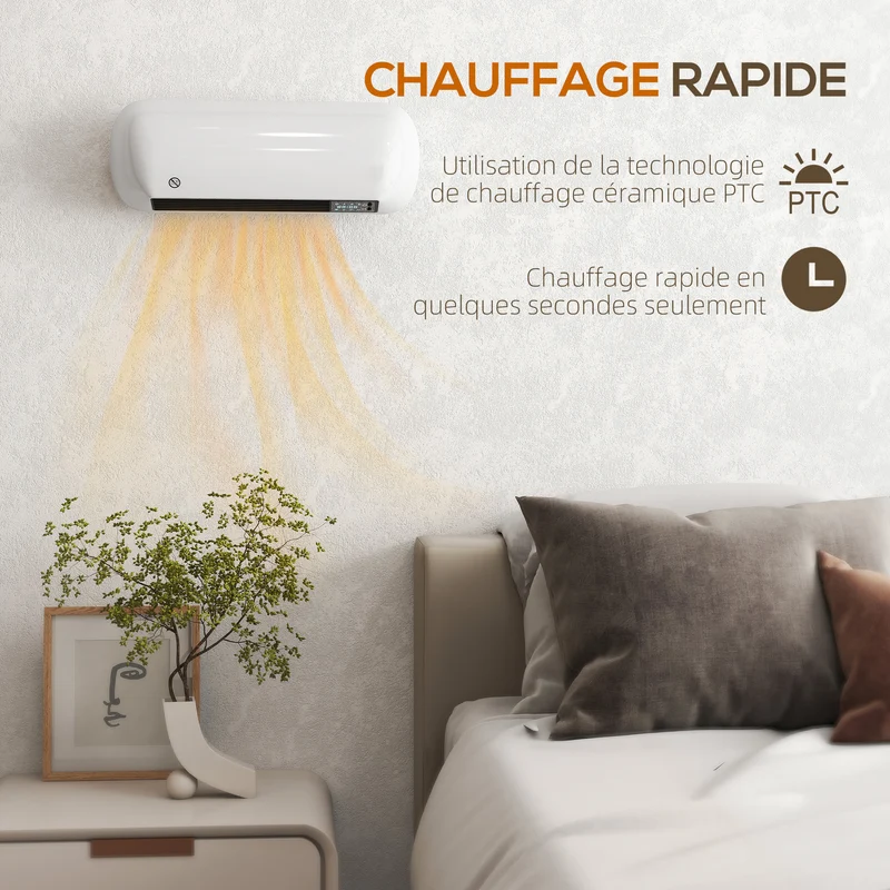 Chauffage mural céramique 50 x 19 x 14 cm thermostat et minuterie hebdomadaire confort moderne scandinave en PP blanc 21_0001148