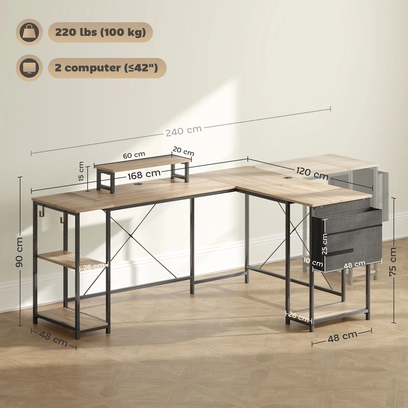 Bureau d'angle compact réversible 168 x 120 x 90 cm support écran style industriel en panneau de particules bois naturel 21_0006136