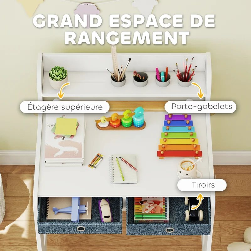 Ensemble bureau enfant avec chaise 62,8 x 55,6 x 73,8 cm avec tiroirs et porte-gobelet moderne et épuré en MDF blanc 21_0000234