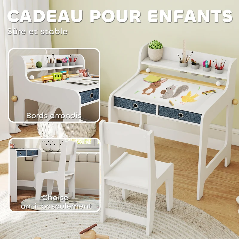 Ensemble bureau enfant avec chaise 62,8 x 55,6 x 73,8 cm avec tiroirs et porte-gobelet moderne et épuré en MDF blanc 21_0000234
