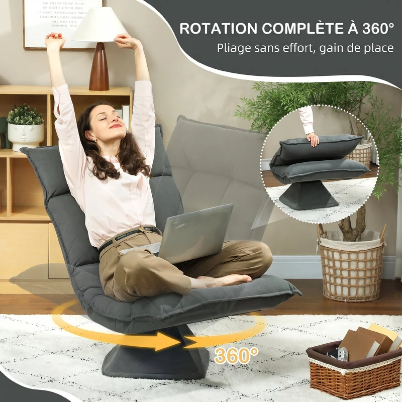Chaise de sol pivotante 70 x 62 x 95 cm rotation 360° dossier réglable 3 positions moderne épuré en velours gris foncé 21_0003512