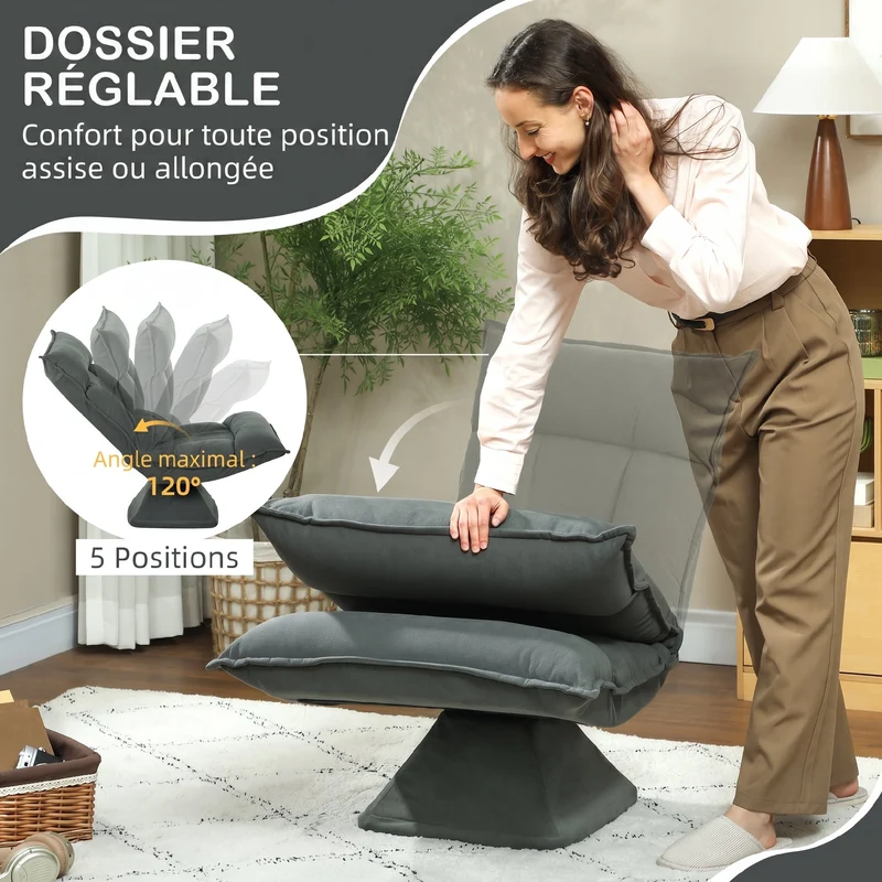 Chaise de sol pivotante 70 x 62 x 95 cm rotation 360° dossier réglable 3 positions moderne épuré en velours gris foncé 21_0003512