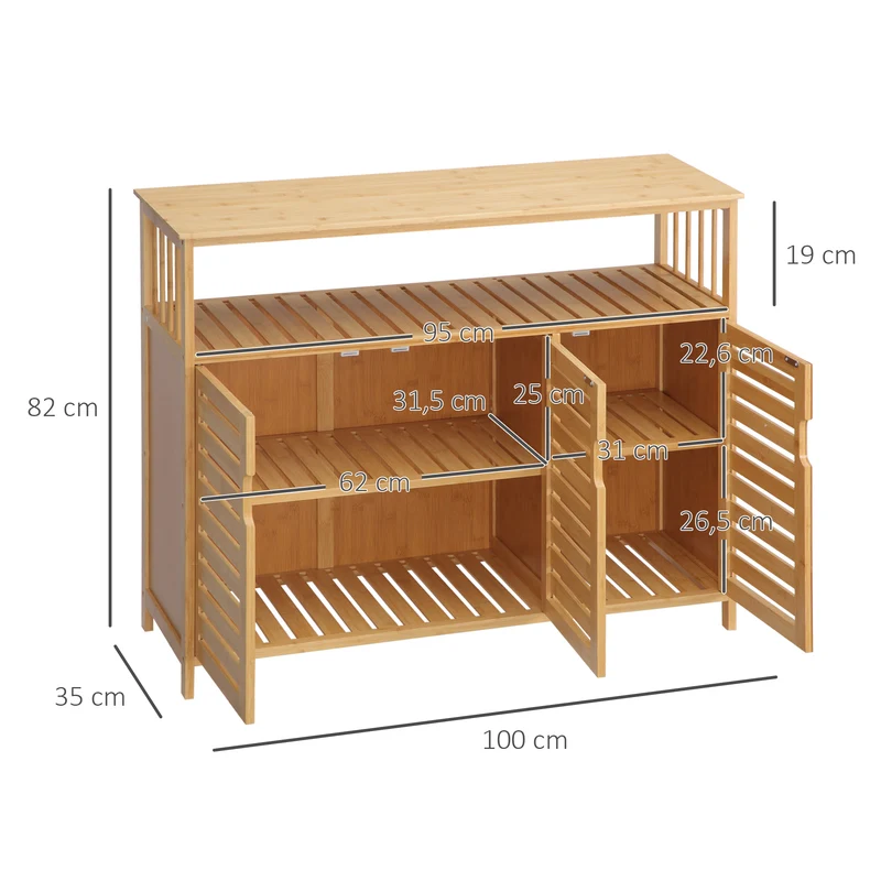 Buffet meuble de rangement 3 portes ajourées 100 x 35 x 82 cm rangement spacieux pratique scandinave en bambou naturel 21_0002309