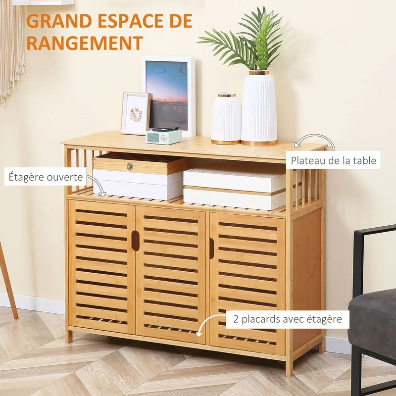 Buffet meuble de rangement 3 portes ajourées 100 x 35 x 82 cm rangement spacieux pratique scandinave en bambou naturel 21_0002309