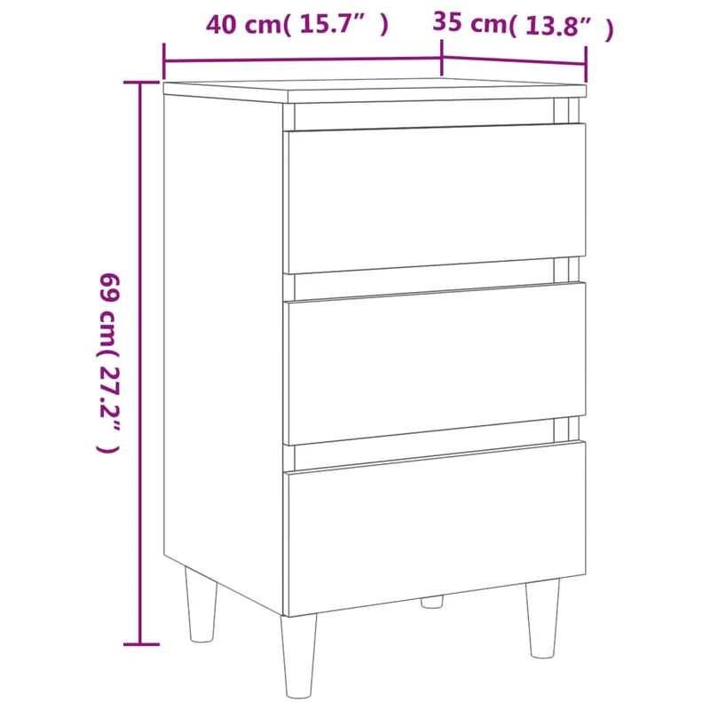 Table de chevet 3 tiroirs avec pieds en bois 40 x 35 x 69cm bois d'ingénierie gris DEC033222