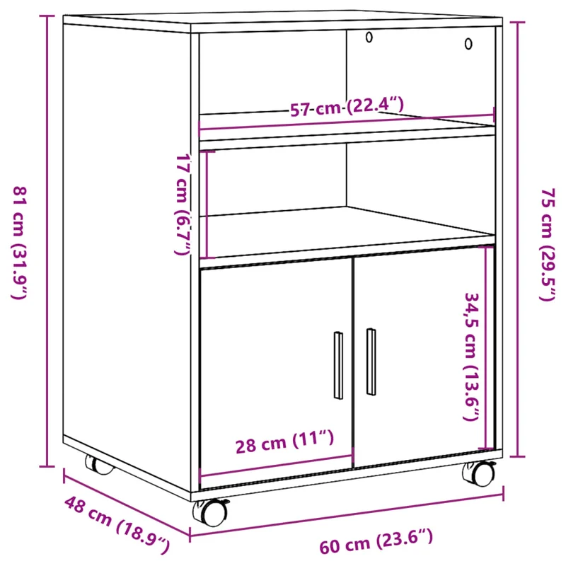 Meuble de bureau sur roulettes meuble d'appoint 60 x 48 x 81 cm bois d'ingénierie marron DEC024493