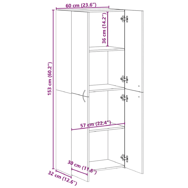 Meuble de bureau armoire de rangement avec 4 compartiments 60 x 32 x 153 cm bois ingénierie couleur chêne DEC024477