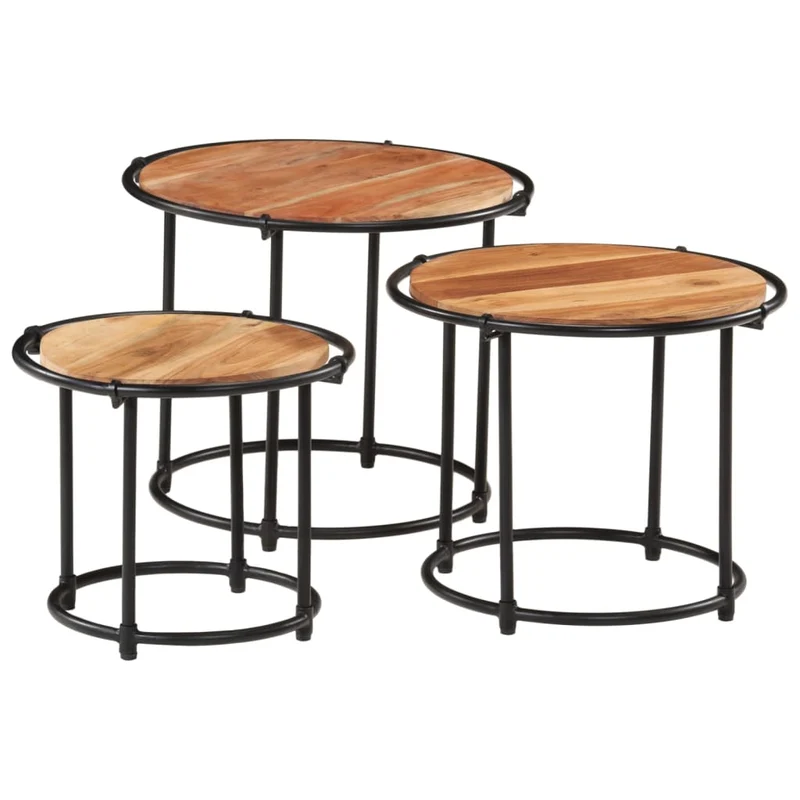 Lot de 3 tables d'appoint gigognes en bois massif d'acacia et fer DEC032708