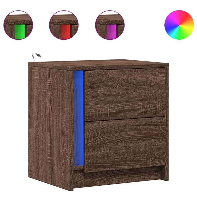 Table de chevet avec tiroirs et LED en bois ingénierie marron DEC032795