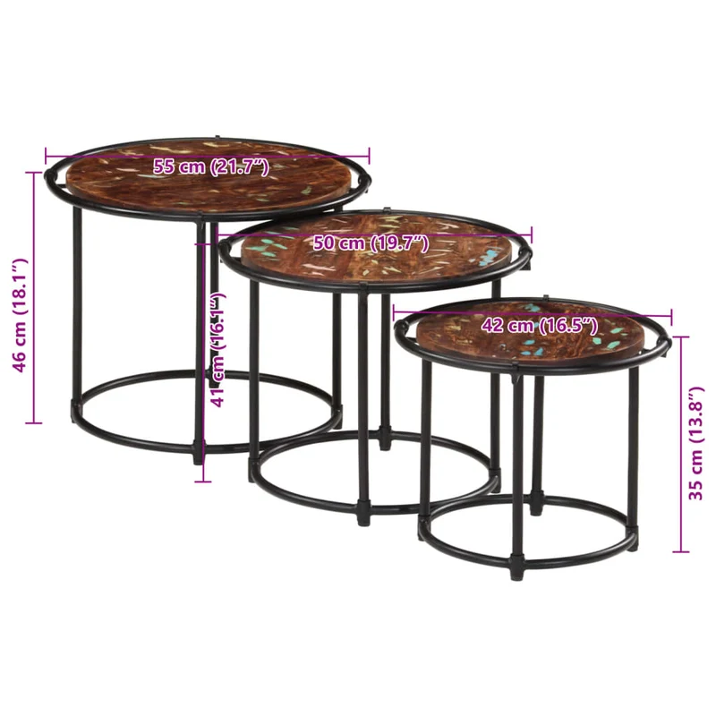 Lot de 3 tables d'appoint gigognes en bois massif de récupération marron et fer DEC032709