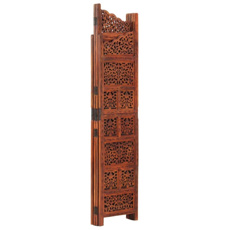 Paravent séparateur de pièce cloison 4 panneaux motifs sculptés à la main 160 x 165cm bois manguier brun DEC030871