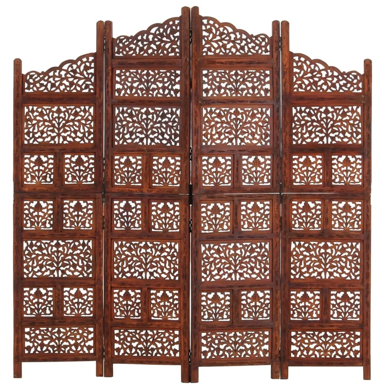 Paravent séparateur de pièce cloison 4 panneaux motifs sculptés à la main 160 x 165cm bois manguier brun DEC030871
