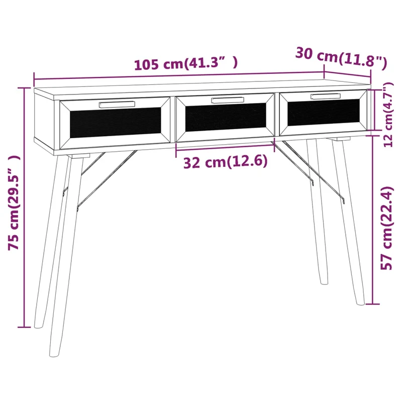 Table console d'entrée fonctionnel et stylé avec tiroirs 105 x 30 x 75 cm bois massif pin /rotin naturel noir DEC032095