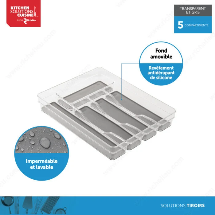Organisateur de tiroir 5 compartiments – Transparent/Gris