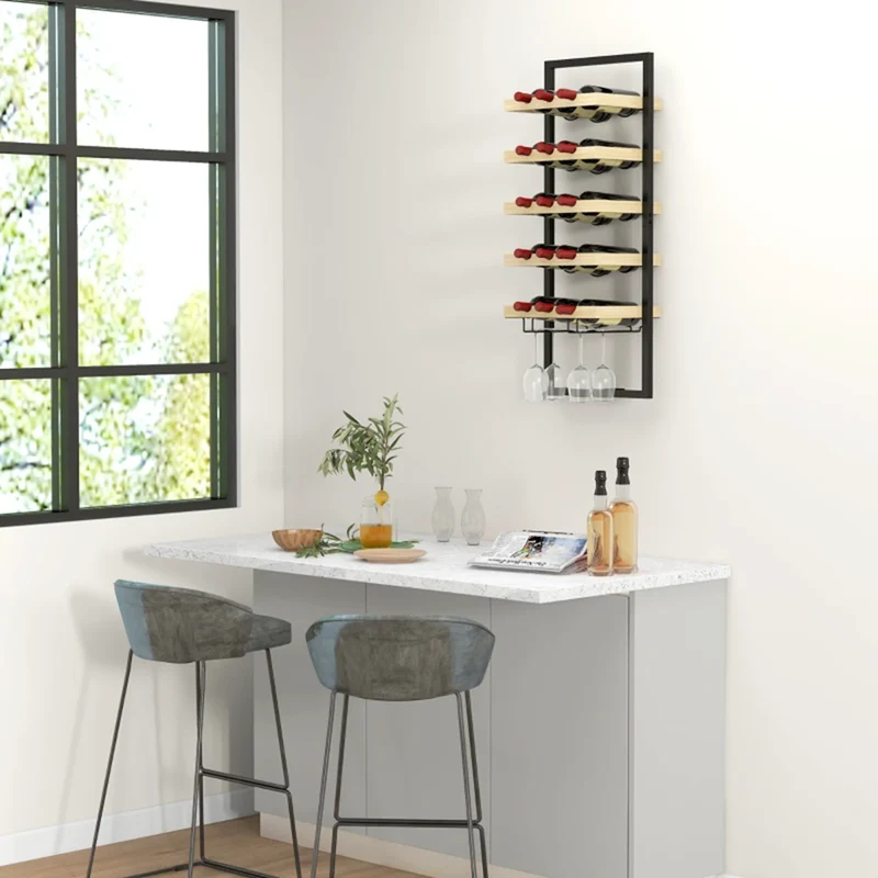 Porte-Bouteille Mural Bois et Acier — 15 Bouteilles + 4 Verres