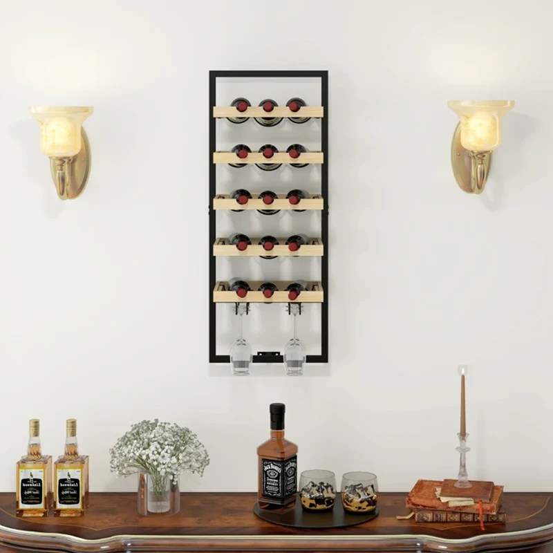 Porte-Bouteille Mural Bois et Acier — 15 Bouteilles + 4 Verres