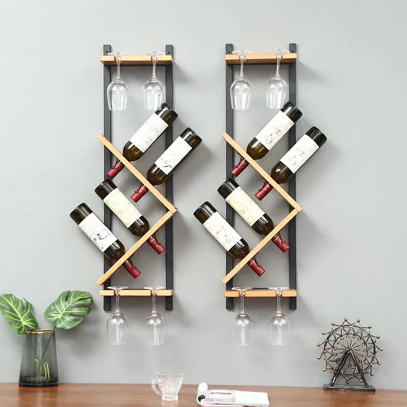 Porte-bouteille mural zigzag 5 Bouteilles + Verres